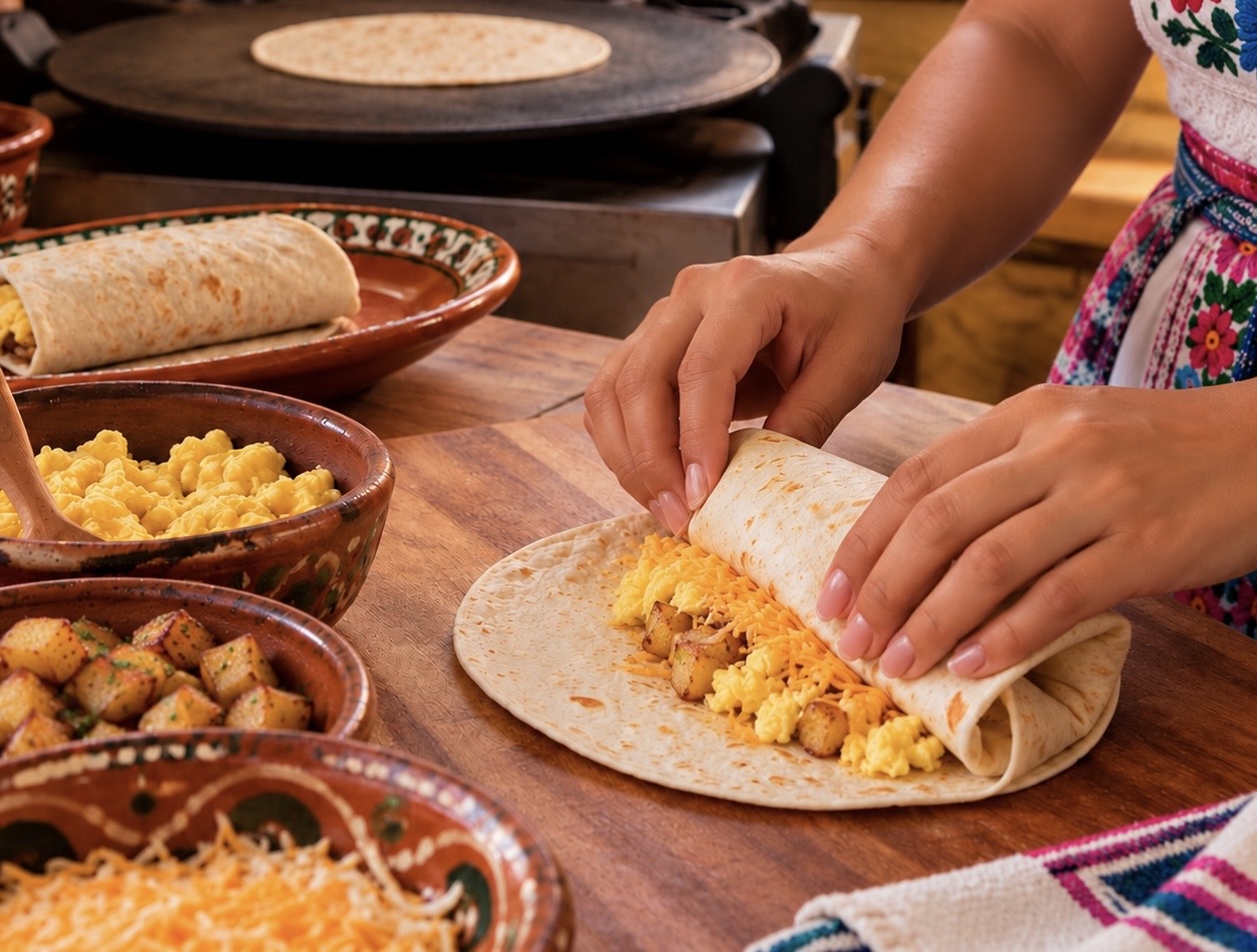 Nana rolling a breakfast burrito by hand